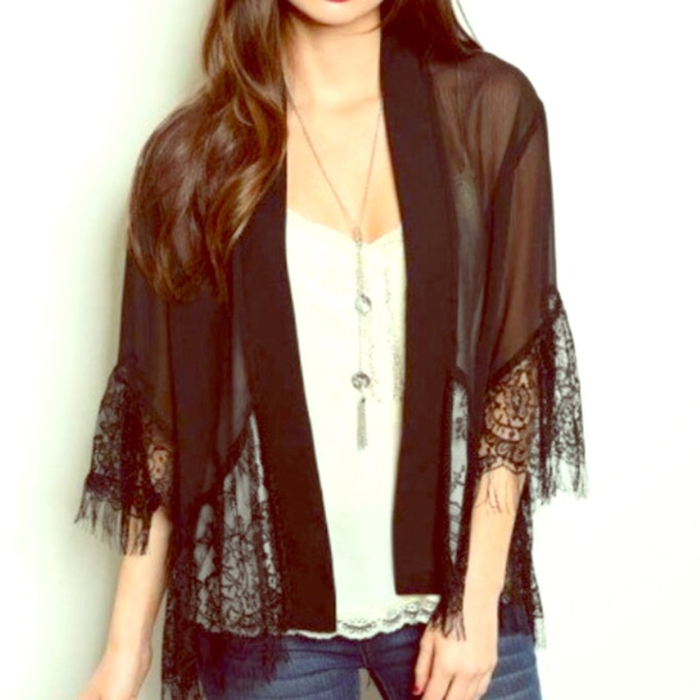Sheer Black Lace-Trim Kimono Top - Women - Picture 1 of 2